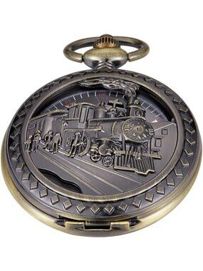 Men's Gold Bronze Train Skeleton Roman Numerals Hollow Mechanical Pocket Watch